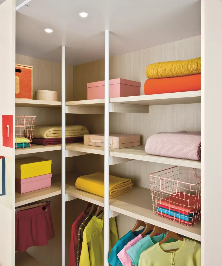 Create a Straightforward & Uncluttered Small Walk-in Closet by Using Rails and Shelves.