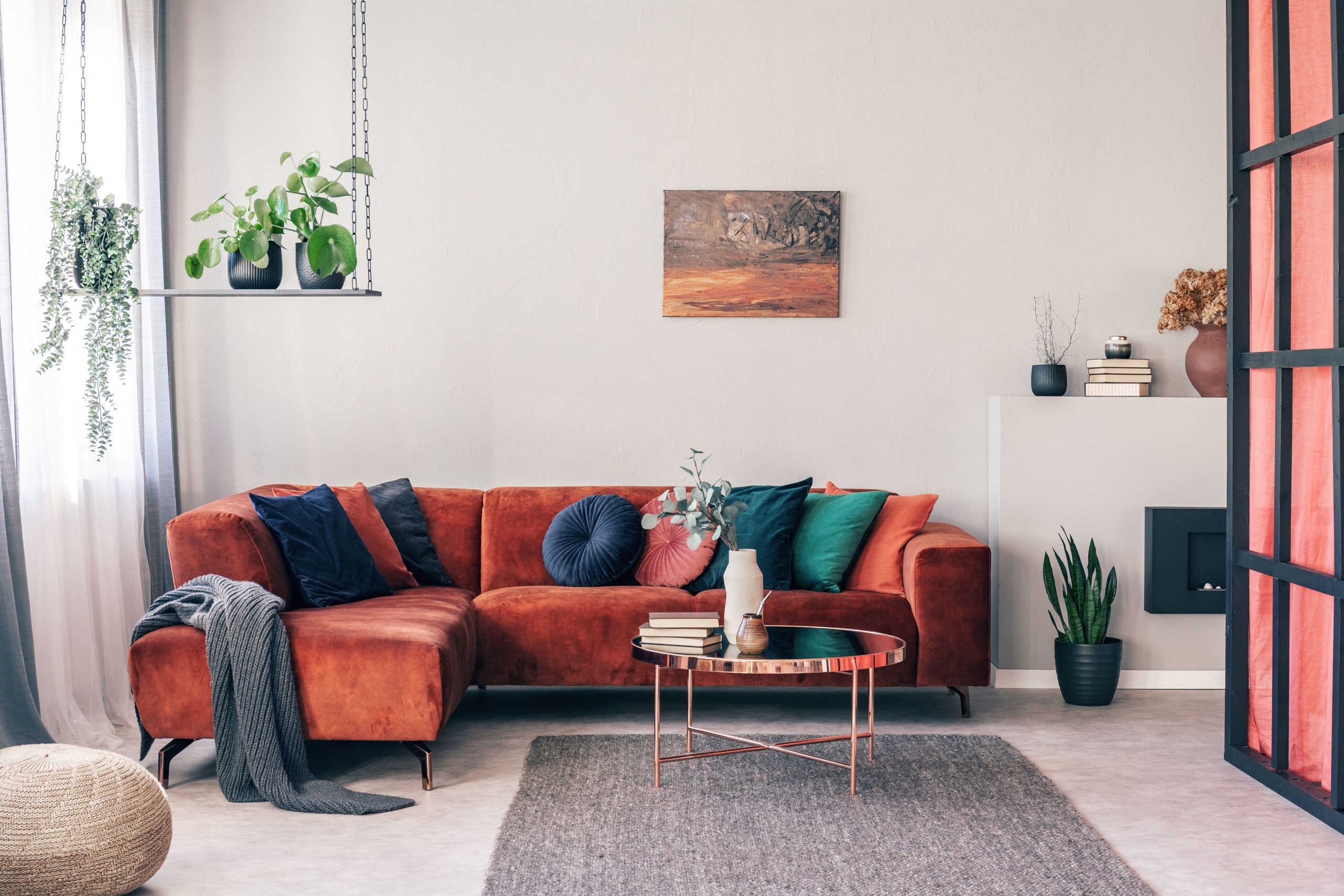 Grey & Orange Living Room Designing Ideas